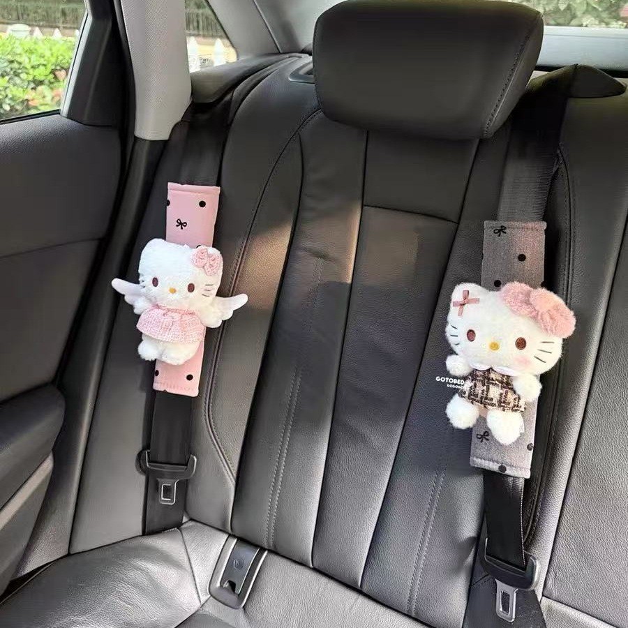 Sanrio Plaid Skirt Hello Kitty Seatbelt Shoulder Protector Cute Cartoon Plush Car Protective Cover Car Gift
