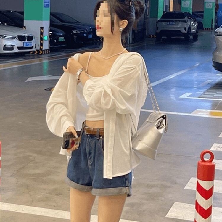 White Lace Hat Sun Protection Shirt Jacket Thin Women's 2025 New Autum French Style Loose and Chic Top