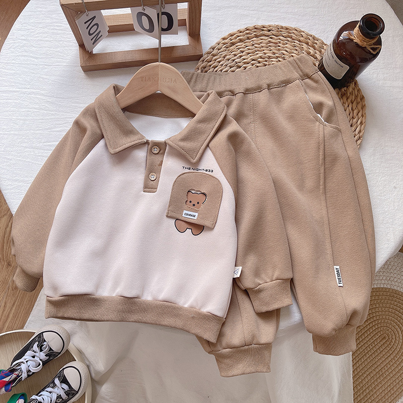 Children's Set 2023 New Polo Collar Sweater for Boys and Girls Cartoon Little Bear Contrast Color Long Sleeve Casual_voghion.com