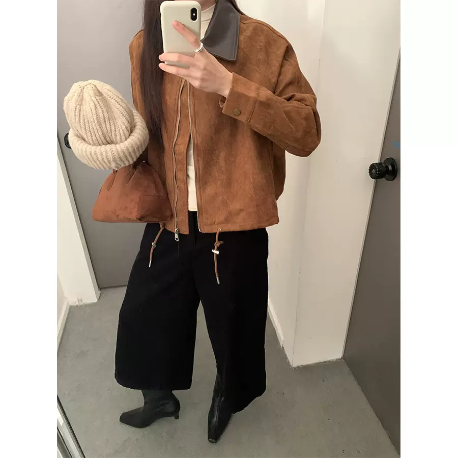黄峥复古皮领麂皮绒短款外套女2025冬新款百搭机车夹克上衣541009
