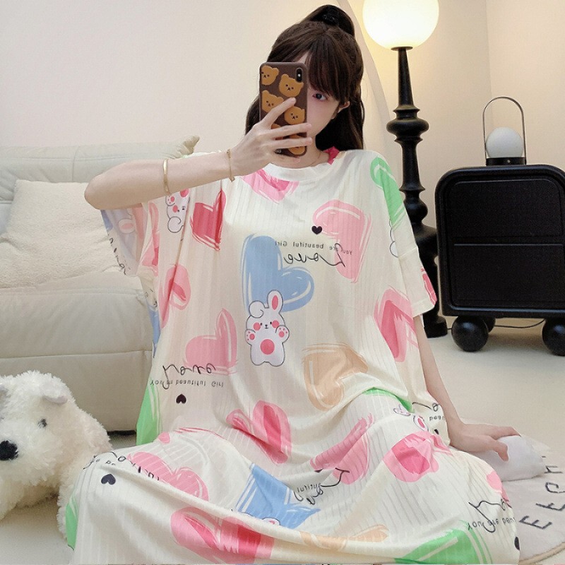 Elastic Striped Pajamas for Women, Summer Casual Cartoon Short-Sleeved Mid-Length Loose Nightgown, Plus Size 150kg Loungewear Elastic Striped Pajamas for Women, Summer Casual Cartoon Short-Sleeved Mid-Length Loose Nightgown, Plus Size 150kg Loungewear