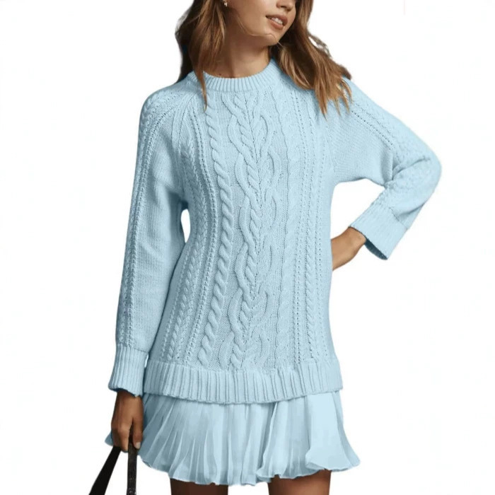 2026 Cross-Border Independent Station Round Neck Cable Knit Chiffon Spliced Sweet Elegant Mini Dress in Gray and Black