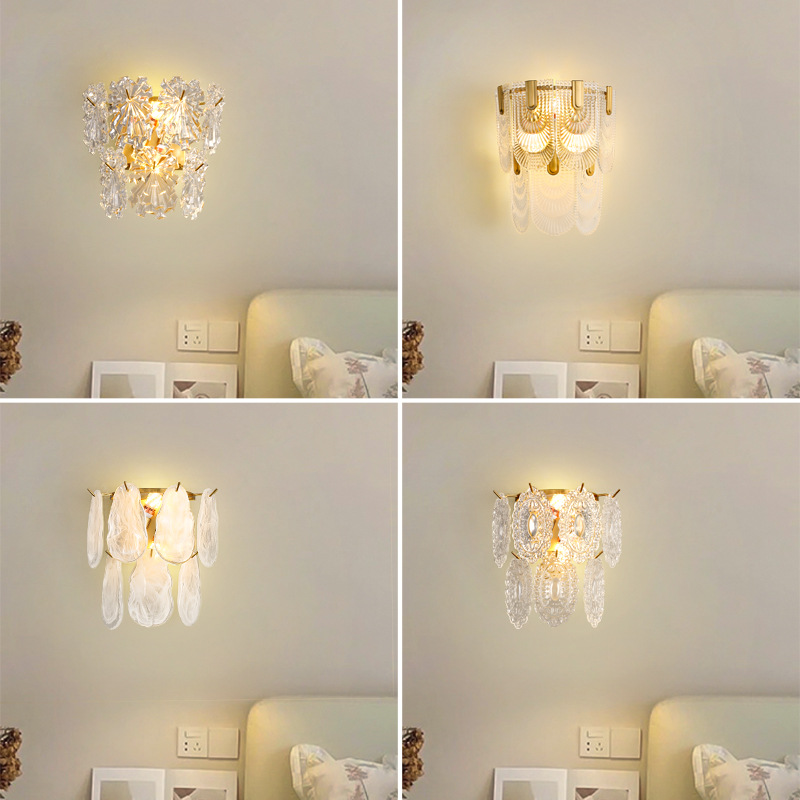 lámpara de pared dormitorio iluminación de cabecera escalera moderna minimalista sala de estar lámpara de pared de fondo francesa lujosa lámpara de cristal 485L