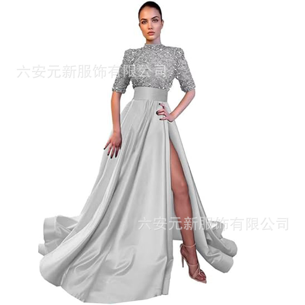 Europeo y americano Amazon AliExpress vestido de fiesta media manga lentejuelas satén vestido de noche A-line vestido de fiesta de hendidura image 9