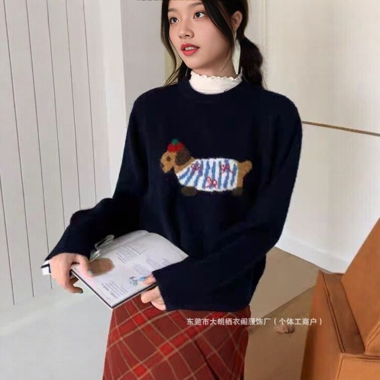 Round-neck cartoon dachshund dog sweater for women, new autumn and winter thickened knit pullover, loose and casual style