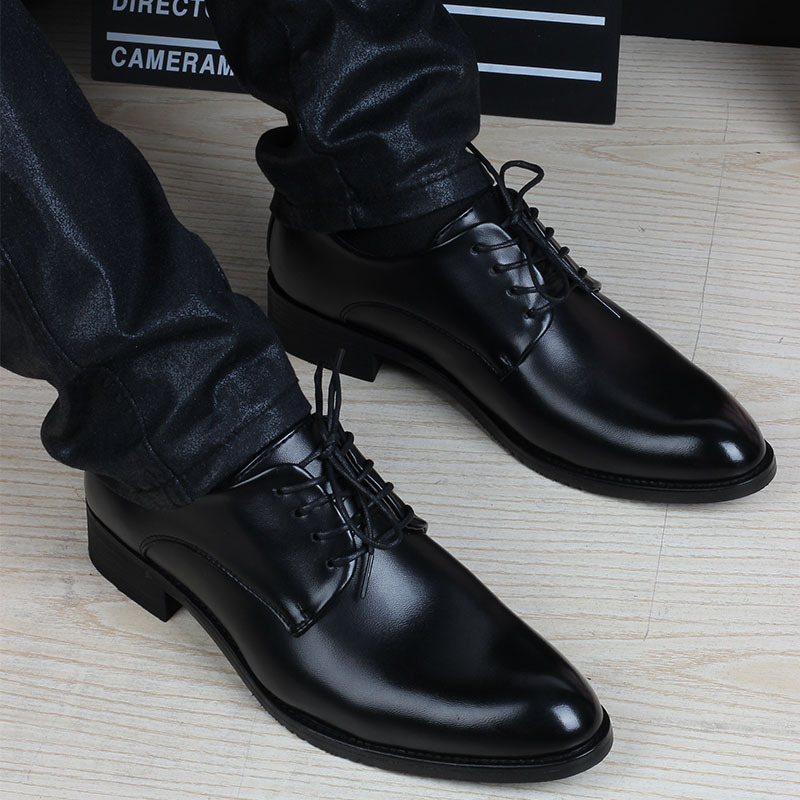 Inner Height-Increasing Lace-Up Wedding Shoes, Pointed-Toe Business Formal Leather Shoes, Men's Korean Style British Casual Shoes, Youth Trendy Men's Shoes