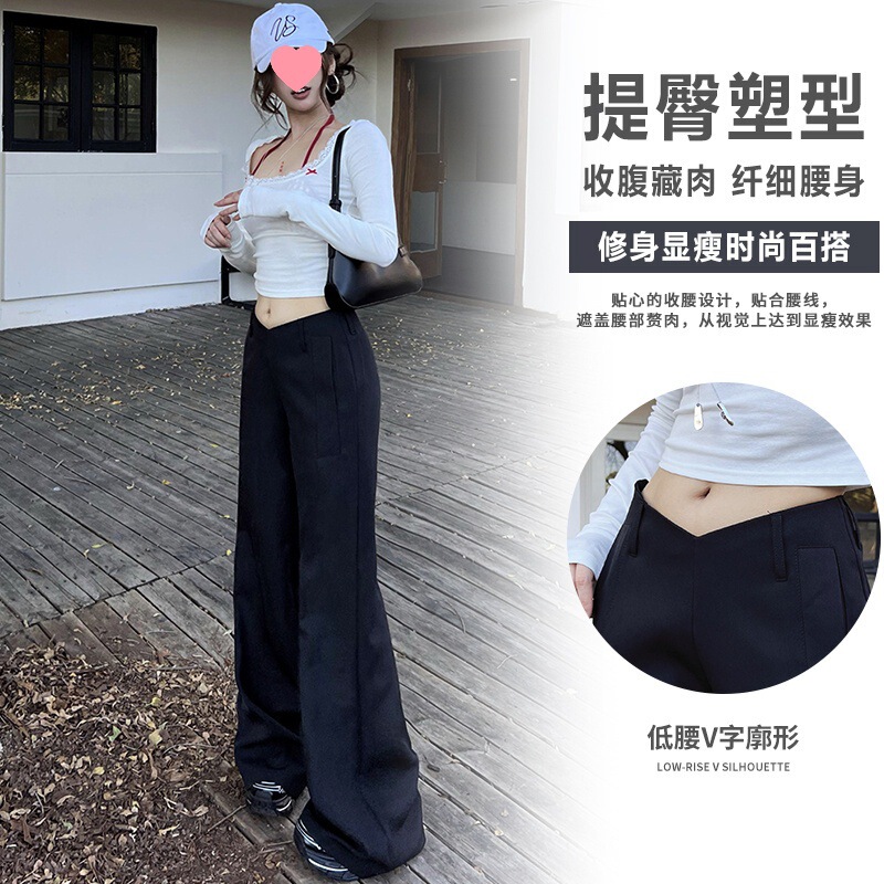 女性用のドレープ感のある黒のパンツ、夏用のローウエストV字型のゆったりとしたスリムなアメリカンスタイルのカジュアルパンツ|undefined