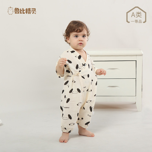 Baby gauze cotton bag fart clothes newborn one-piece clothes short-sleeved thin section cotton type A baby lace-up monk suit