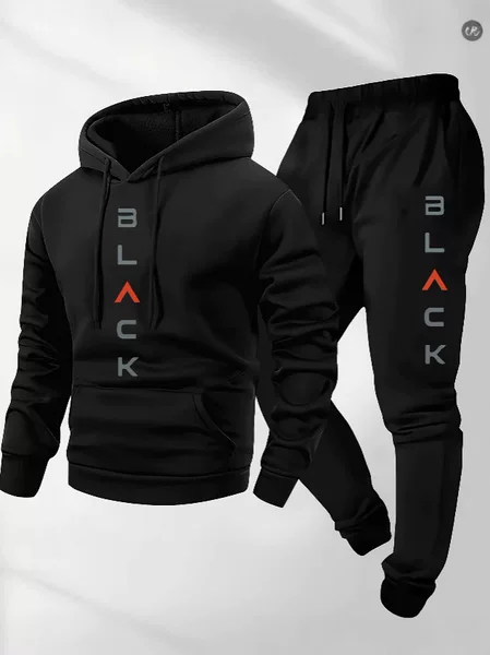 Black Retro Letter Print Men's 2-Piece Set of Long-Sleeved Sweatshirts Sweatshirts and Sweatpants Jogging Winter
