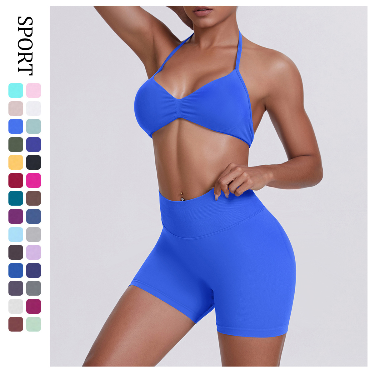 European and American Sexy Beautiful Back Halter Sports Bra Set High Waist Hip Lifting Tight Shorts Yoga Wear Running Fitness Wear