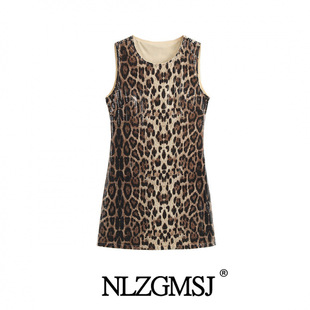 2024 winter new women's European and American style fashion simple temperament leopard print sequin sleeveless vest skirt