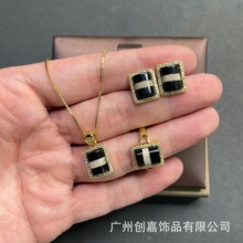 铜镀18k锆石包金镶嵌天珠玛瑙三件套 个性小清新中古小众厂家批发