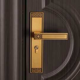 新中式室内卧室房门锁黄古铜磁吸静音复古房间实木门把手家用锁具