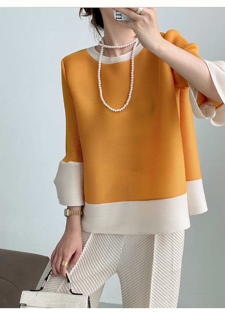 Áo thun nữ dáng rộng tay đèn phối khối, chống nhăn — Màu vàng chi tiết 8