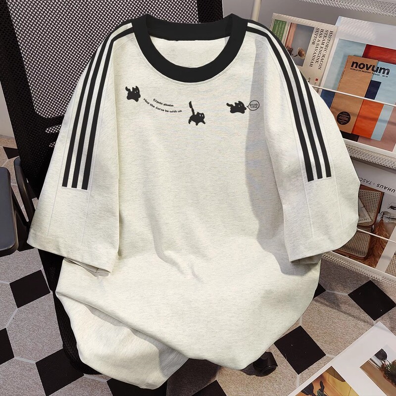 American Style Pure Cotton Three Bars Short-sleeved T-shirt Men's Retro Summer Round Neck Loose All-match Lazy Couple Top Clothes