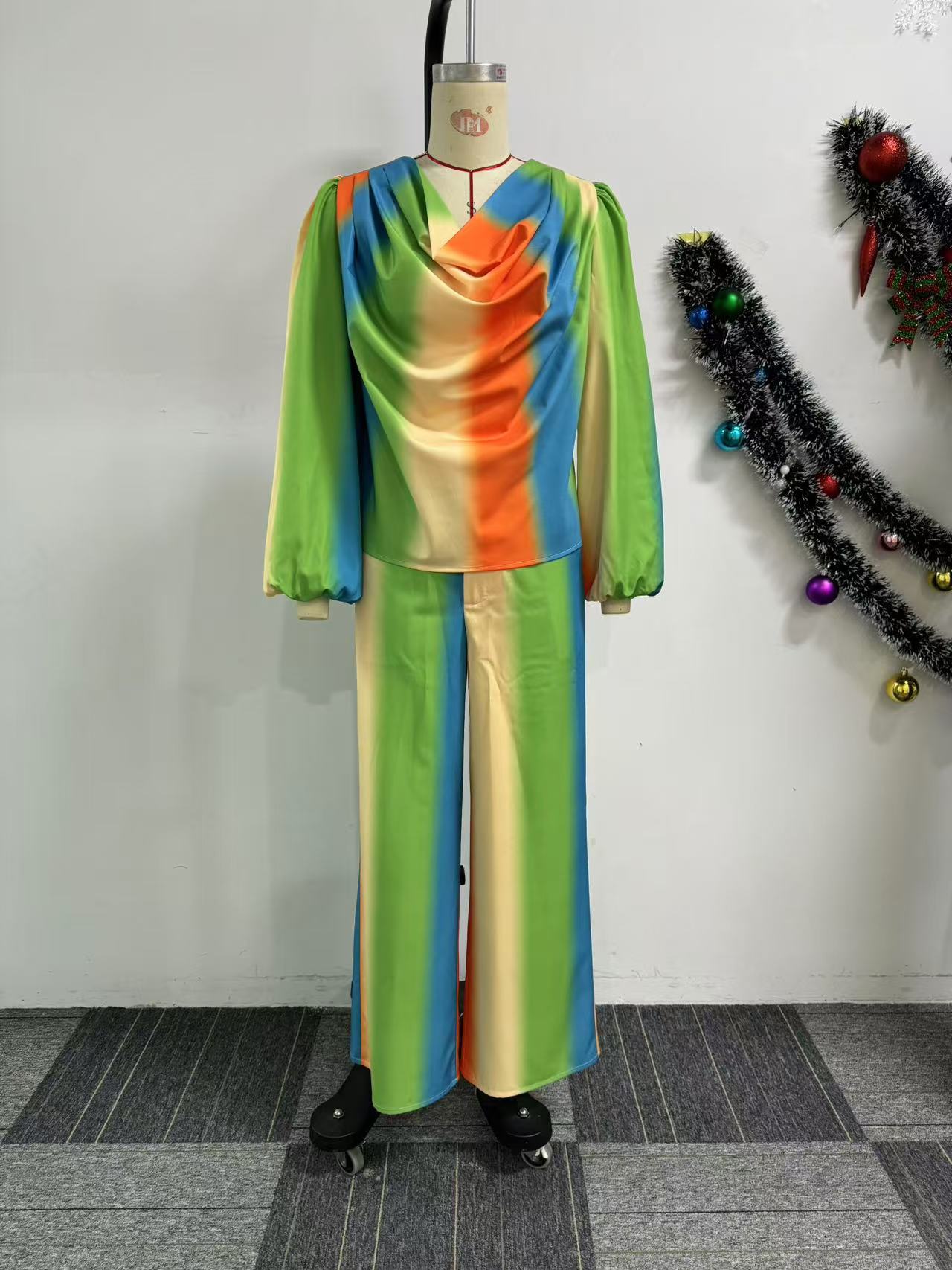 Lantern Sleeve Non Positioning Printing Swing Collar Wide Leg Pants Sets