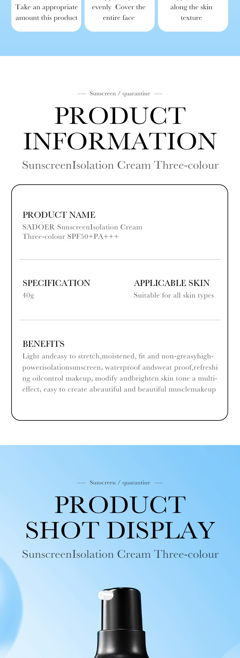 Cross-border foreign trade SADOER three-color sun protection cream uniform skin color before makeup base isolation protective cream