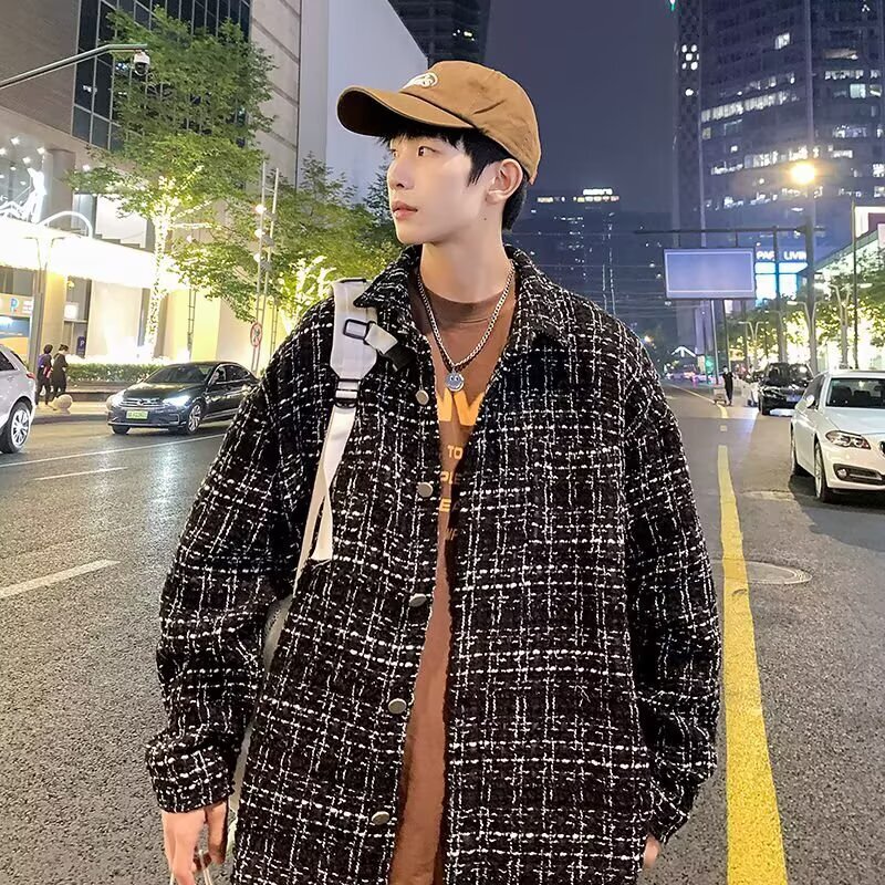 Ins Hip-Hop High Street Woven Plaid Jacket Men's Loose Oversize Tweed Shirt Jacket Trendy Ins Hip-Hop High Street Woven Plaid Jacket Men's Loose Oversize Tweed Shirt Jacket Trendy