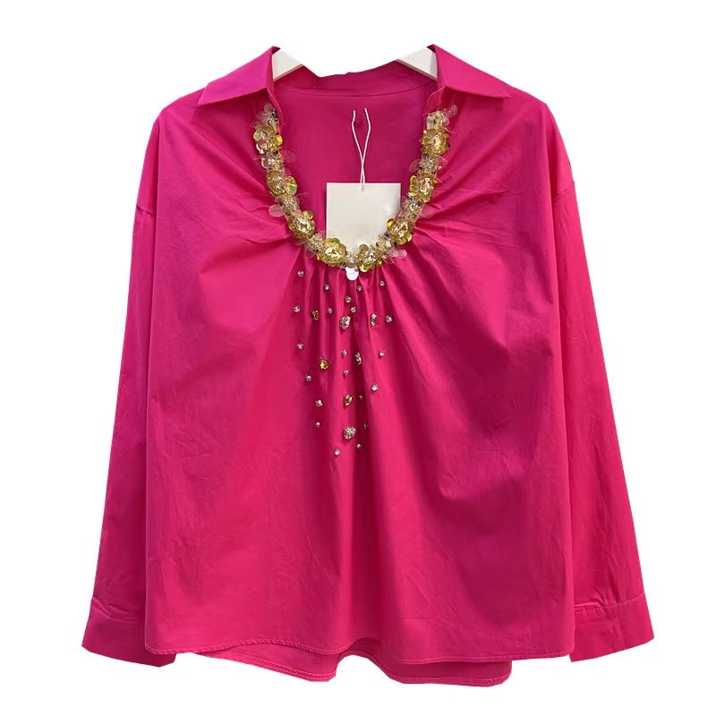 French Socialite 2024 Autumn New Small Style Golden Sequins Beaded Collar Heavy Industry Loose Pullover Shirt Shirt French Socialite 2024 Autumn New Small Style Golden Sequins Beaded Collar Heavy Industry Loose Pullover Shirt Shirt