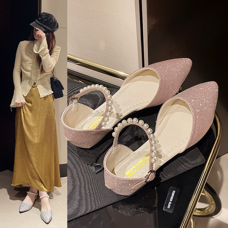 黁白 Spring sandals from pearl, footwear, universal suitable with a skirt pointy toe, trend of season, for bridesmaid