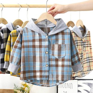 Children's Spring and Autumn Shirt Children's Clothing Boy's Hooded Plaid Shirt Girl's Baby's Long Sleeve Plaid Base Jacket Top