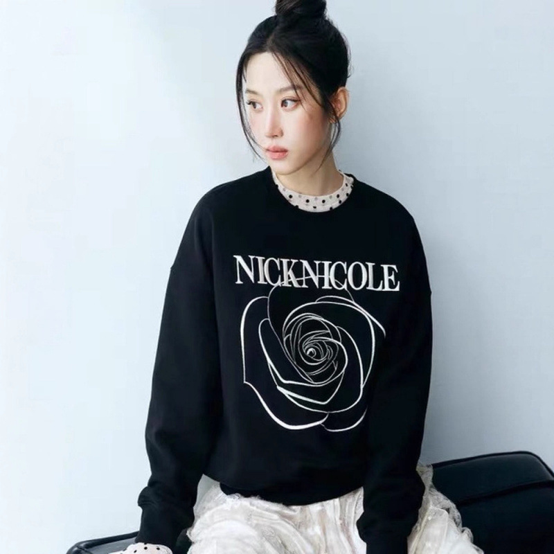 文佳煐同款韩国小众潮牌NICK NICOLE字母玫瑰刺绣宽松圆领卫衣女|undefined