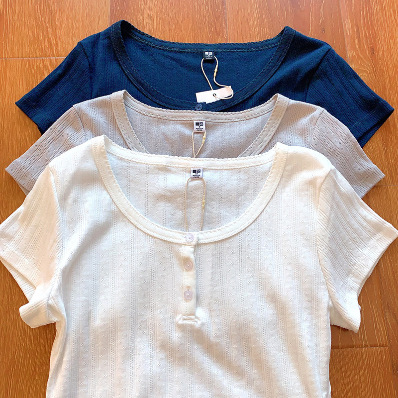 So Comfortable! Jacquard Ribbed Henley Collar Basic T-Shirt/Short-Sleeved Small Floral Sexy Style Spring and Summer New Style 477607