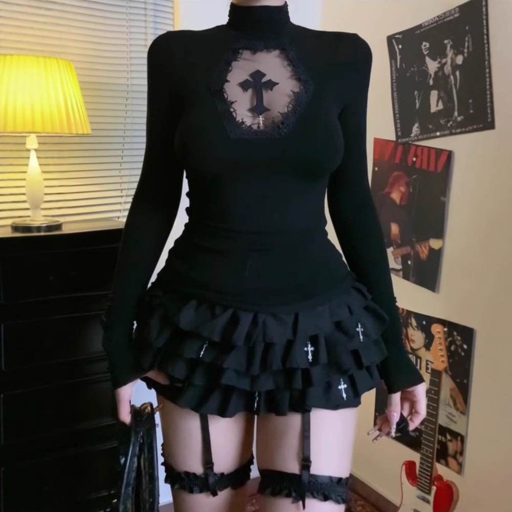 Spice Girls Base Shirt Women's Dark Gothic Cross Hollow Micro-transparent High Neck Retro F Inner Wearing Street Top