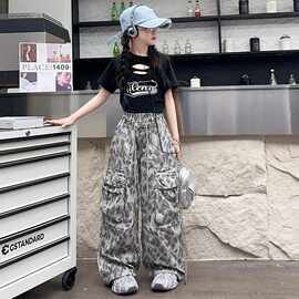 外贸2026夏季女童韩版百搭工装裤设计豹纹阔腿休闲裤现货批发