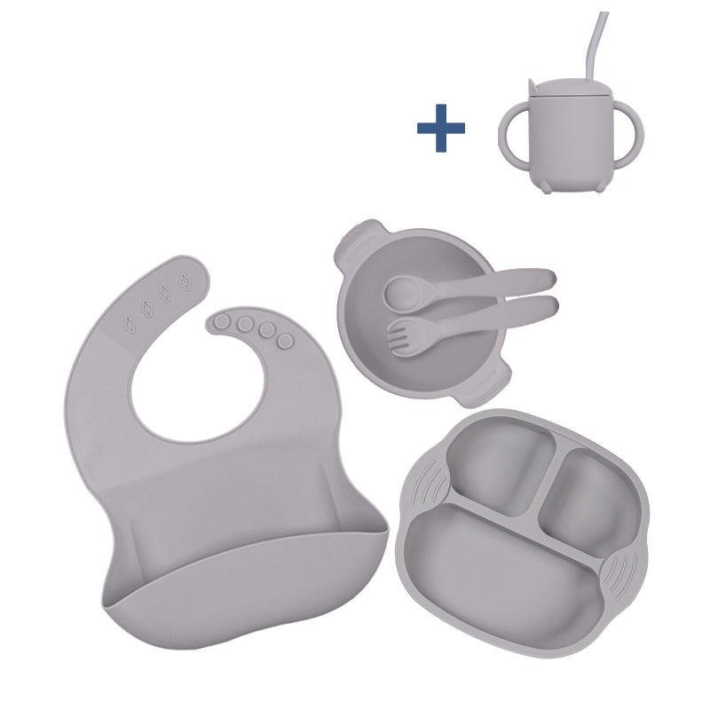 Nuevo traje de vajilla de suplemento alimenticio para niños transfronterizos Placa de silicona tazón tenedor cuchara babero taza de seis piezas conjunto de vajilla de alimentación