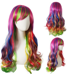 Euro-American Amazon Cosplay Anime Wigs: Rainbow Hairpieces, Colorful Harajuku Gradient Styles with Side Bangs and Long Curly Locks