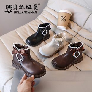 Girls' Bow Lace Princess Boots Western Style Velvet Short Boots Autumn 2024 New Korean Style Children's Martin Boots