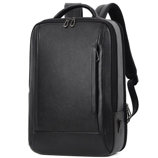 Ba lô nam da bò thật công suất lớn, ngăn laptop 16 inch, chống nước đa chức năng — Màu đen