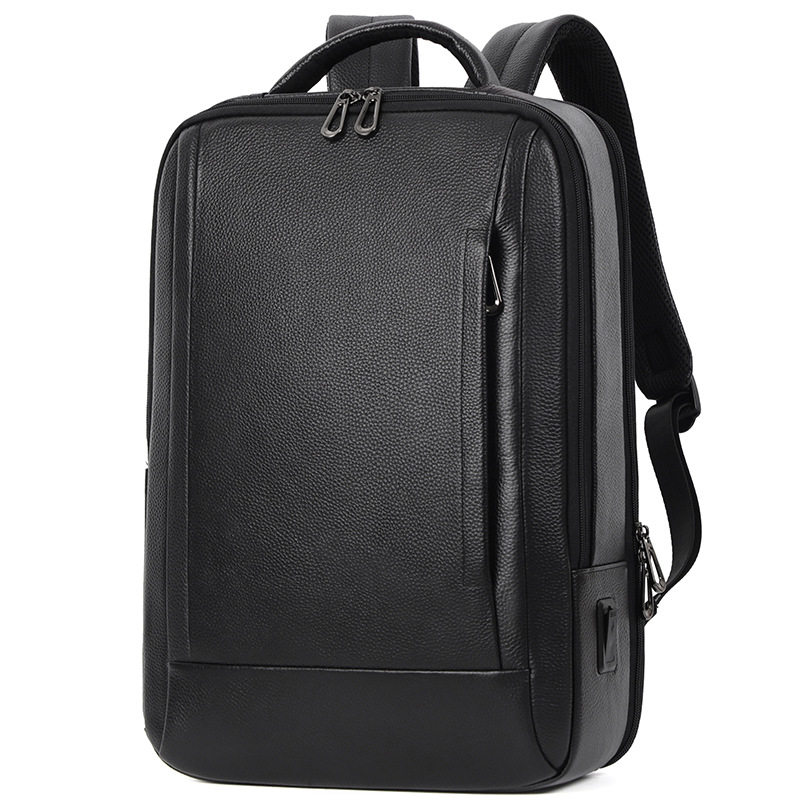 Ba lô nam da bò thật công suất lớn, ngăn laptop 16 inch, chống nước đa chức năng — Màu đen