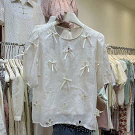 韩版夏季潮流新款重工设计感泡泡短袖立体蝴蝶结镂空上衣女