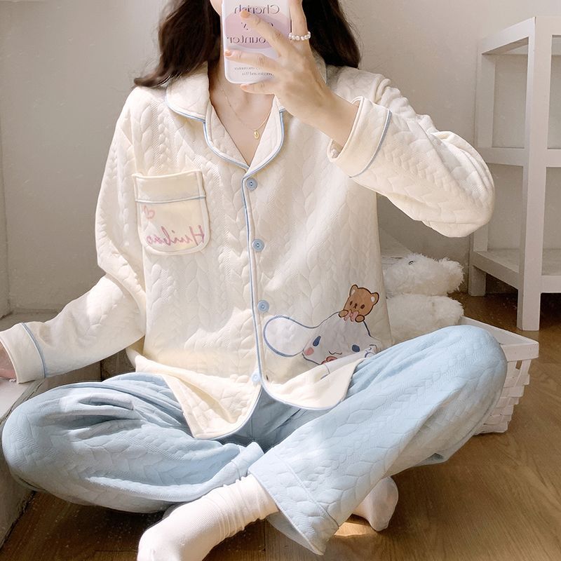 Al por mayor transfronterizo red de algodón aire cardigan intercalado pijama conjunto de mujeres otoño invierno dulce ropa cálida para el hogar