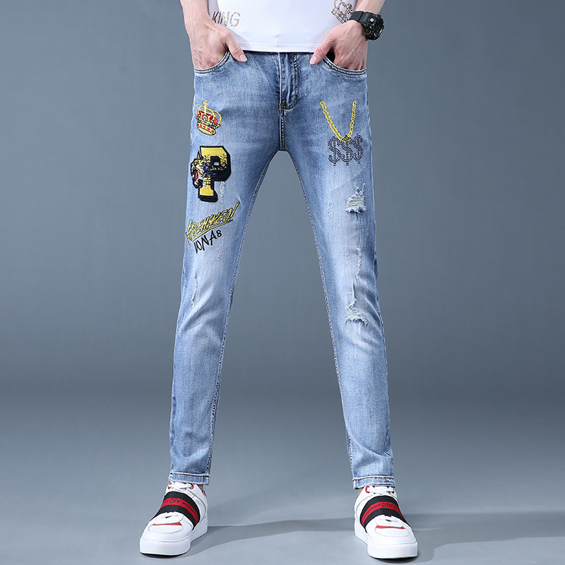Jeans male 2021 new pattern summer Sequins hole letter Embroidery Self cultivation Trend Youth leisure time Versatile trousers