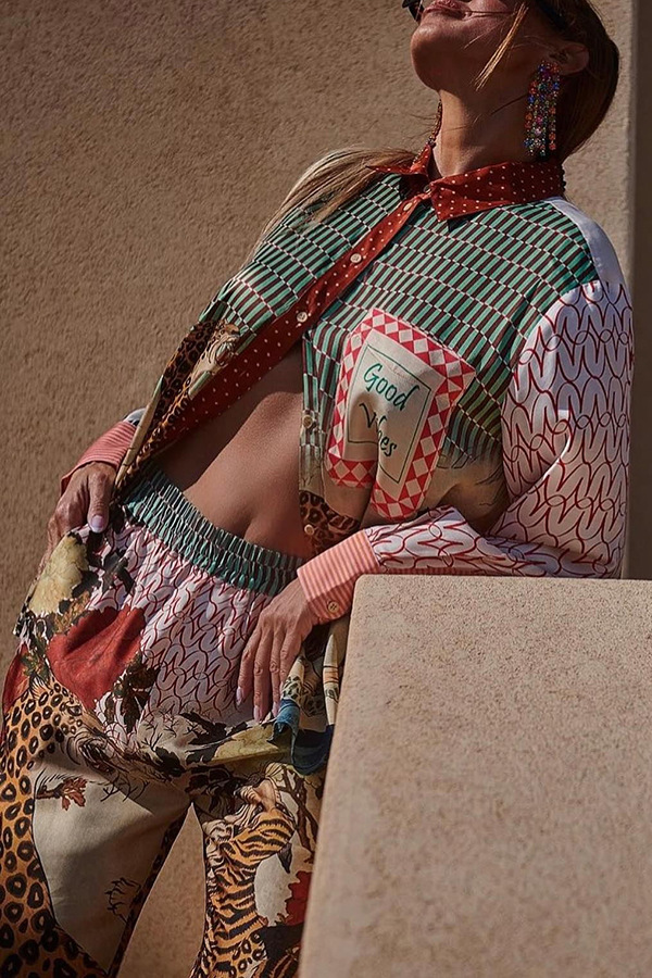 Casual Vacation Leopard Print Long Sleeved Shirt Trousers Two Piece Suit