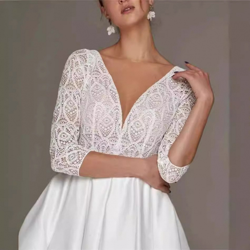 2025 nuevo vestido de novia europeo y americano en V profundo vestido de Amazon manga color sólido moda encaje novia boda primavera