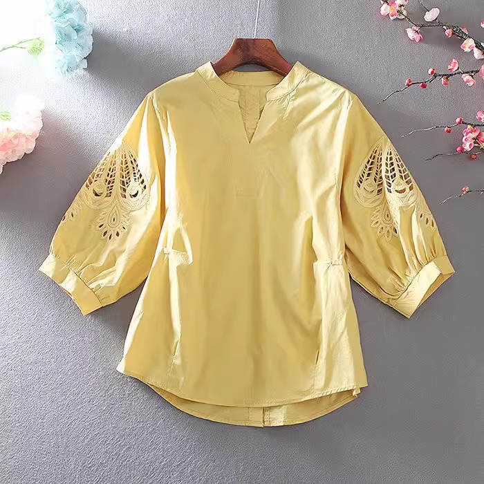 Áo sơ mi nữ cổ chữ V cotton tay lửng thiết kế khoét lỗ thanh lịch — Màu xanh lam nhạt chi tiết 13