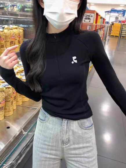 韩国小众潮牌RR字母印花立领长袖T 德绒显瘦内搭拉链打底衫上衣女|undefined