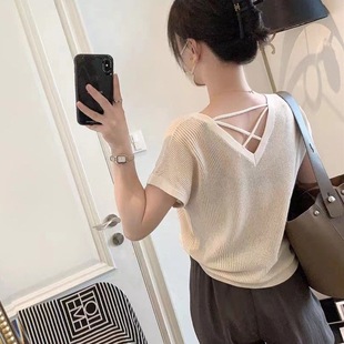 Ice Silk Knitwear Women's 2025 Summer New Women's Korean Style Fashion Collar Back Cut Out Short-Sleeved Shirt Tops for Women