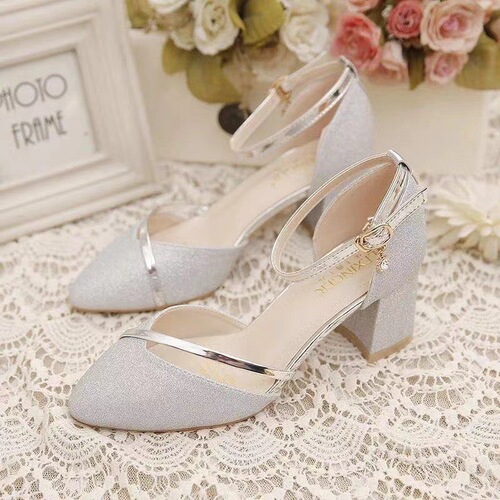 Women's Summer Border Trade High Heel Slip-on Ankle Boots with Hollow Thick Heel and Button Strap High Heels, Silver