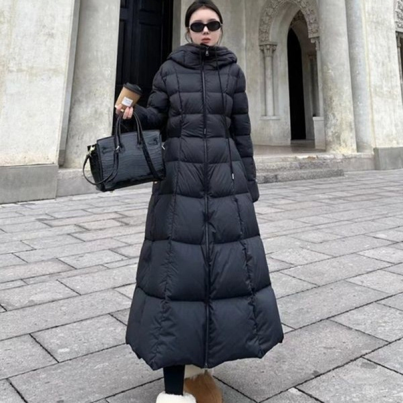 Black Extra Long Over-The-Knee to Ankle Goose down down Jacket for Women Thickeneded Waist Slimming Look Hooded Jacket European and American