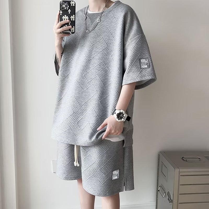 Ice Silk Waffle Short Sleeve T-Shirt Set for Boys And Teenagers Summer Casual Sports Shorts Stylish Outfit Regular Fit Micro-Elastic_viptrois.com
