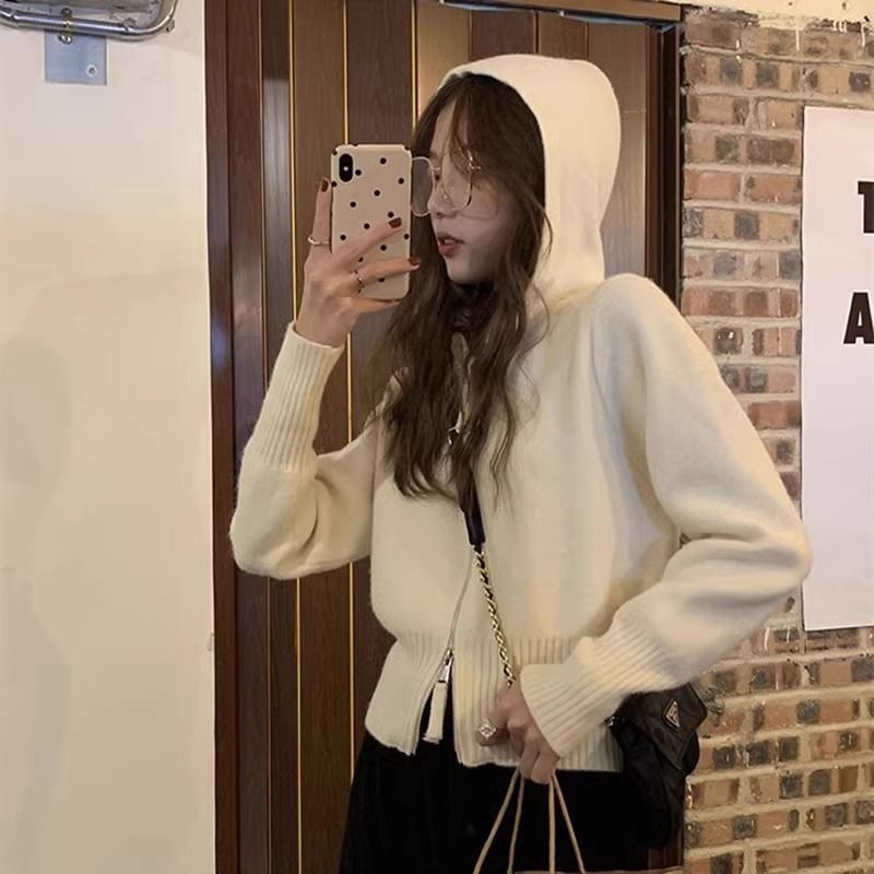 [퍼플스타] 24 가을 · 겨울 포시즌 그린 제인 코리안 그레이 니트 후드여성 루즈아웃 스웨터 쇼트오픈