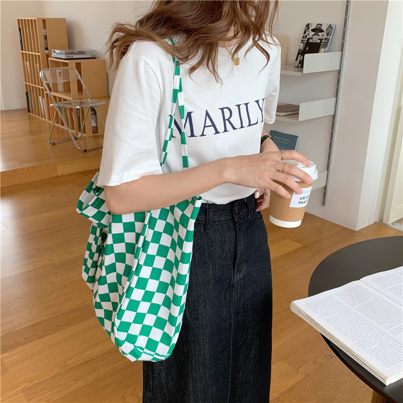 【 In Stock 】18181 checkerboard green checkered canvas bag, school-style commuter single-shoulder bag, retro hand-held tote bag undefined