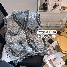 小香风2024新款灰色流苏马甲外套女短款春秋新款水貂绒针织背心
