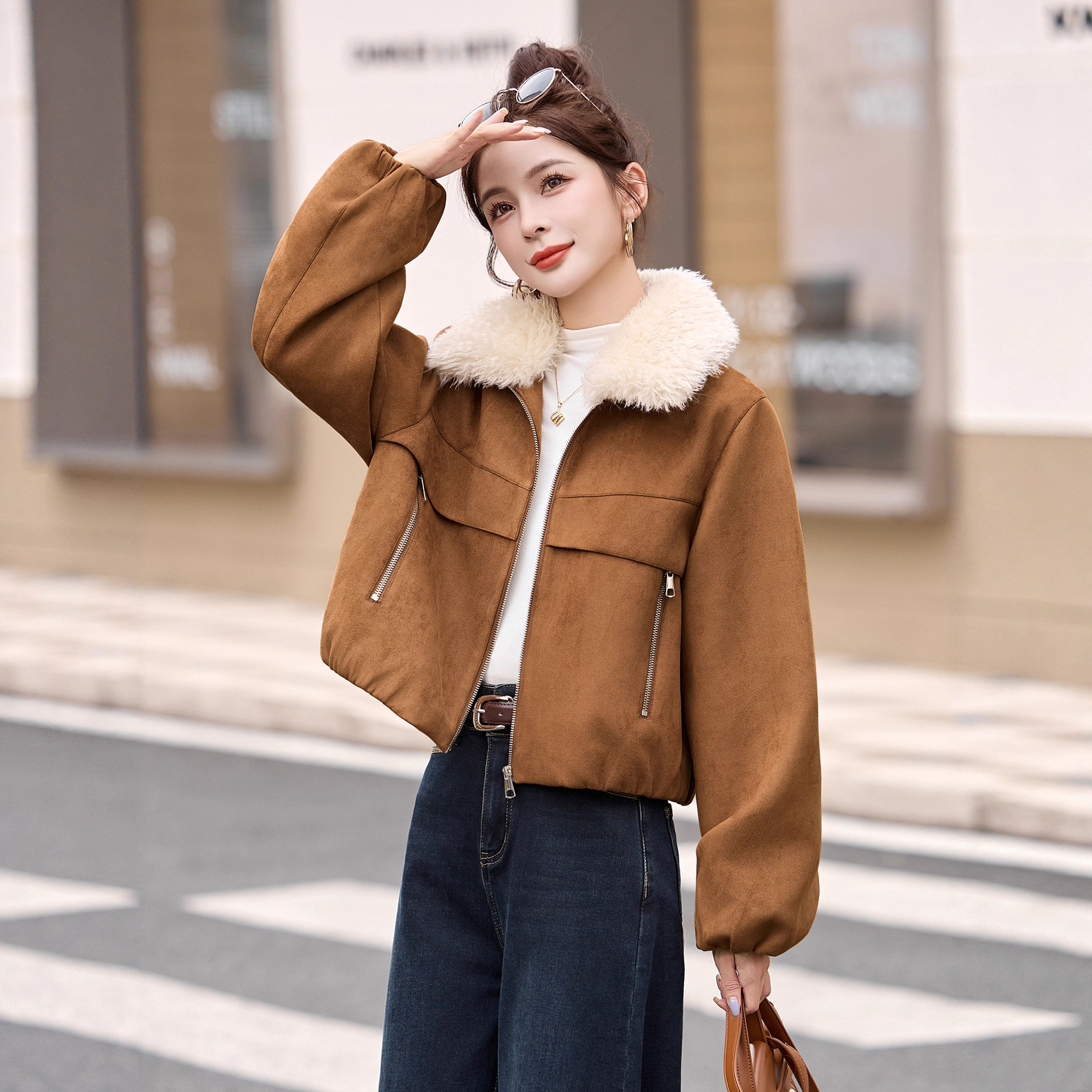 Autumn and Winter New Retro Suede Casual Tops Women's Stand Collar Zipper Easiest for Match Top Fashion Commuter Tops A9451