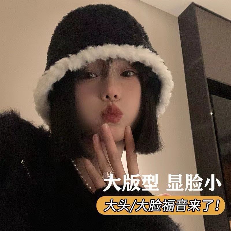 大头围帽子女秋冬白色兔毛渔夫帽2024年爆款毛绒水桶帽显脸小盆帽|undefined